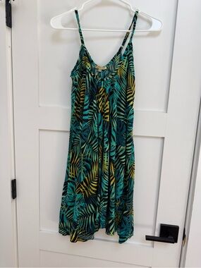 Tropical Leaf Spaghetti-Strap Swim Coverup - Teal & Yellow size M
